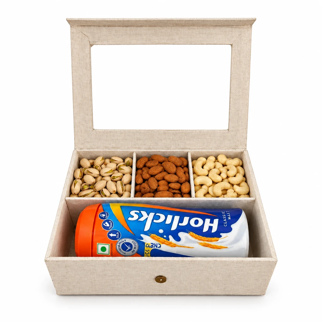 Luxury Malted Drink Powder & Premium Assorted Dry Fruits Wooden Gift Box Set 2