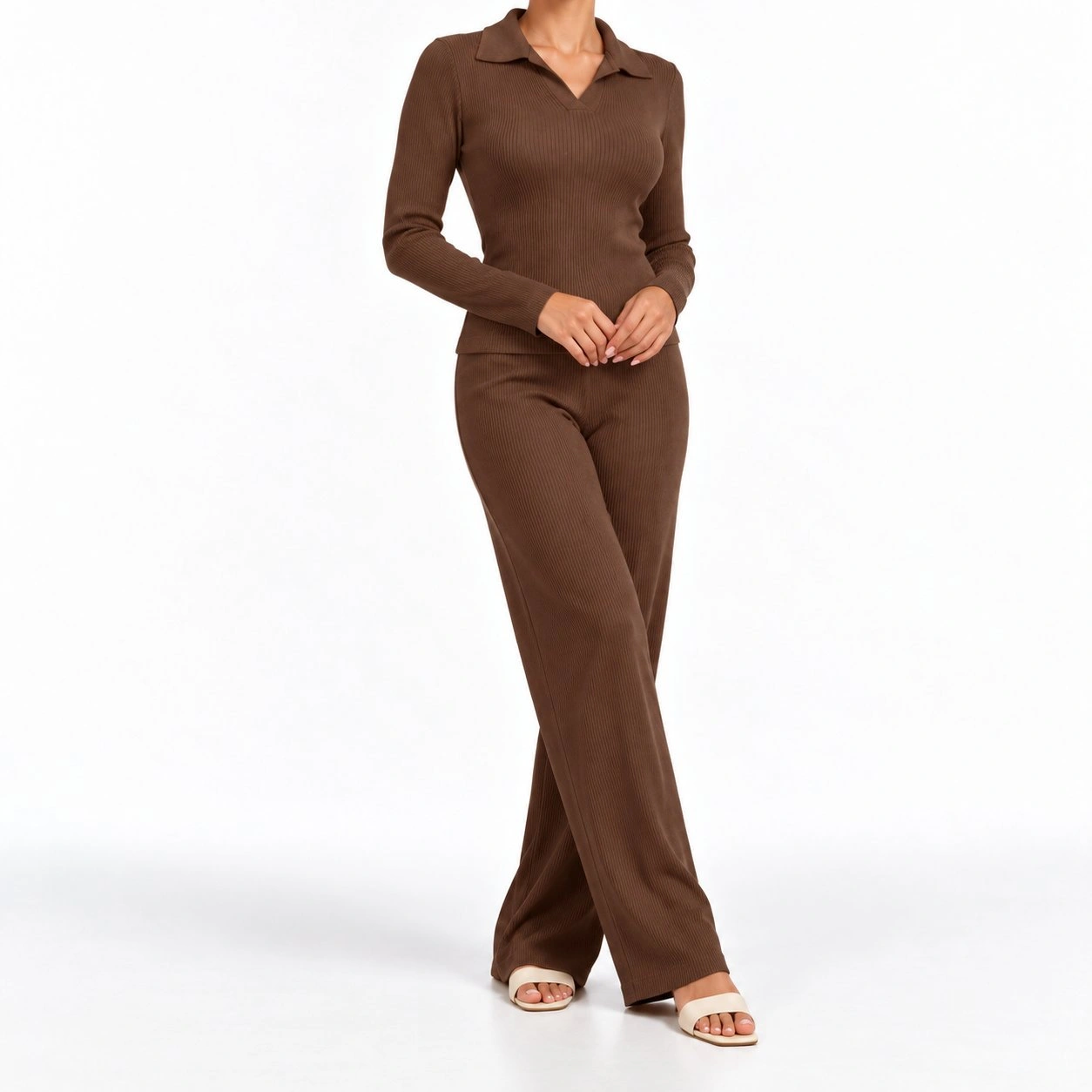 Ribbed Collared Top & Wide-Leg Pants Set 3
