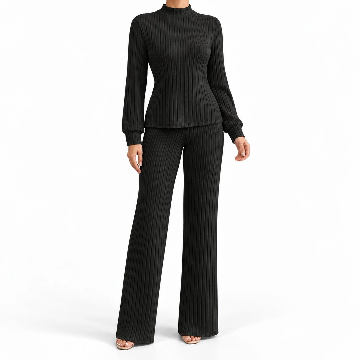 Ribbed Mock Neck Top & Wide-Leg Pants Set 2