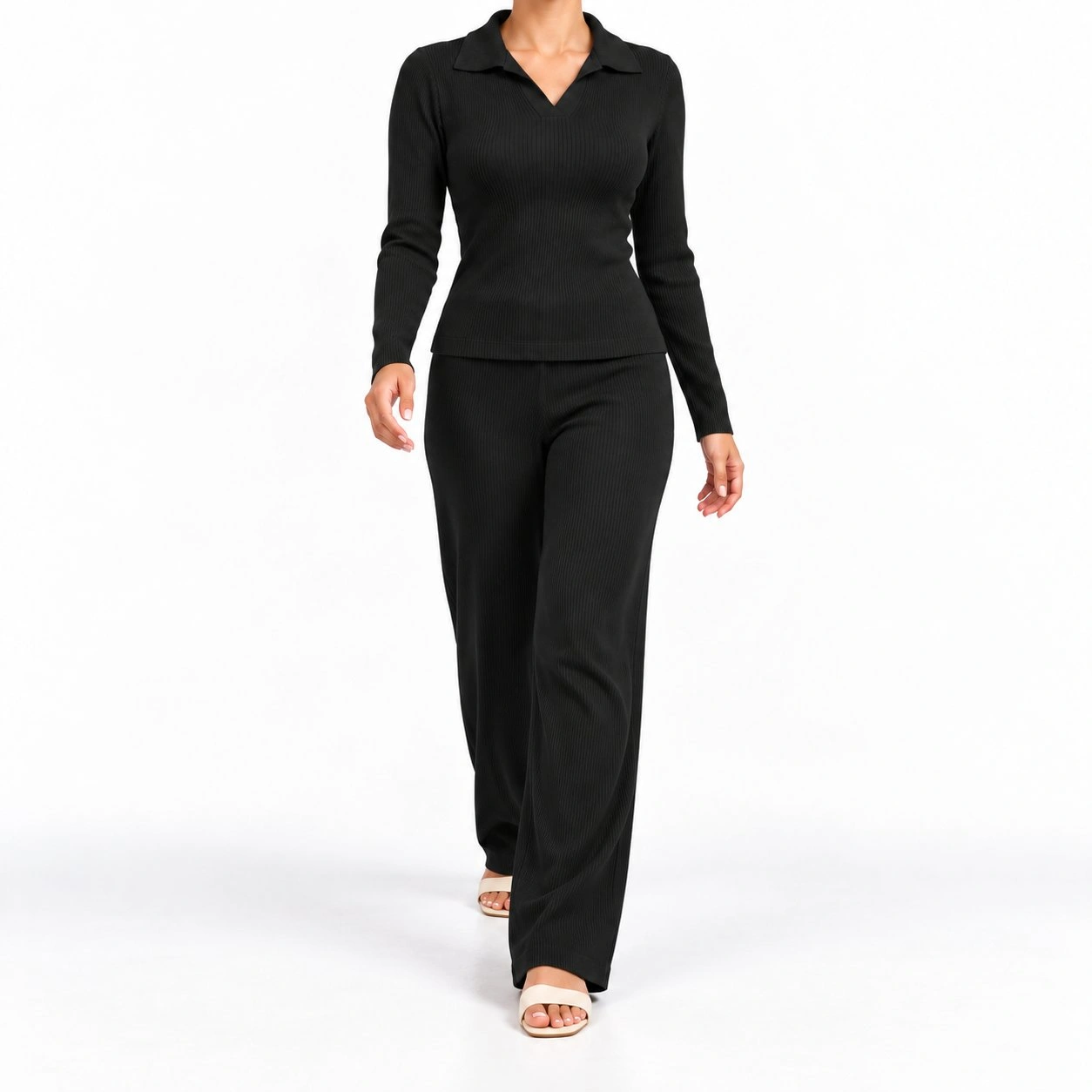 Ribbed Collared Top & Wide-Leg Pants Set 2