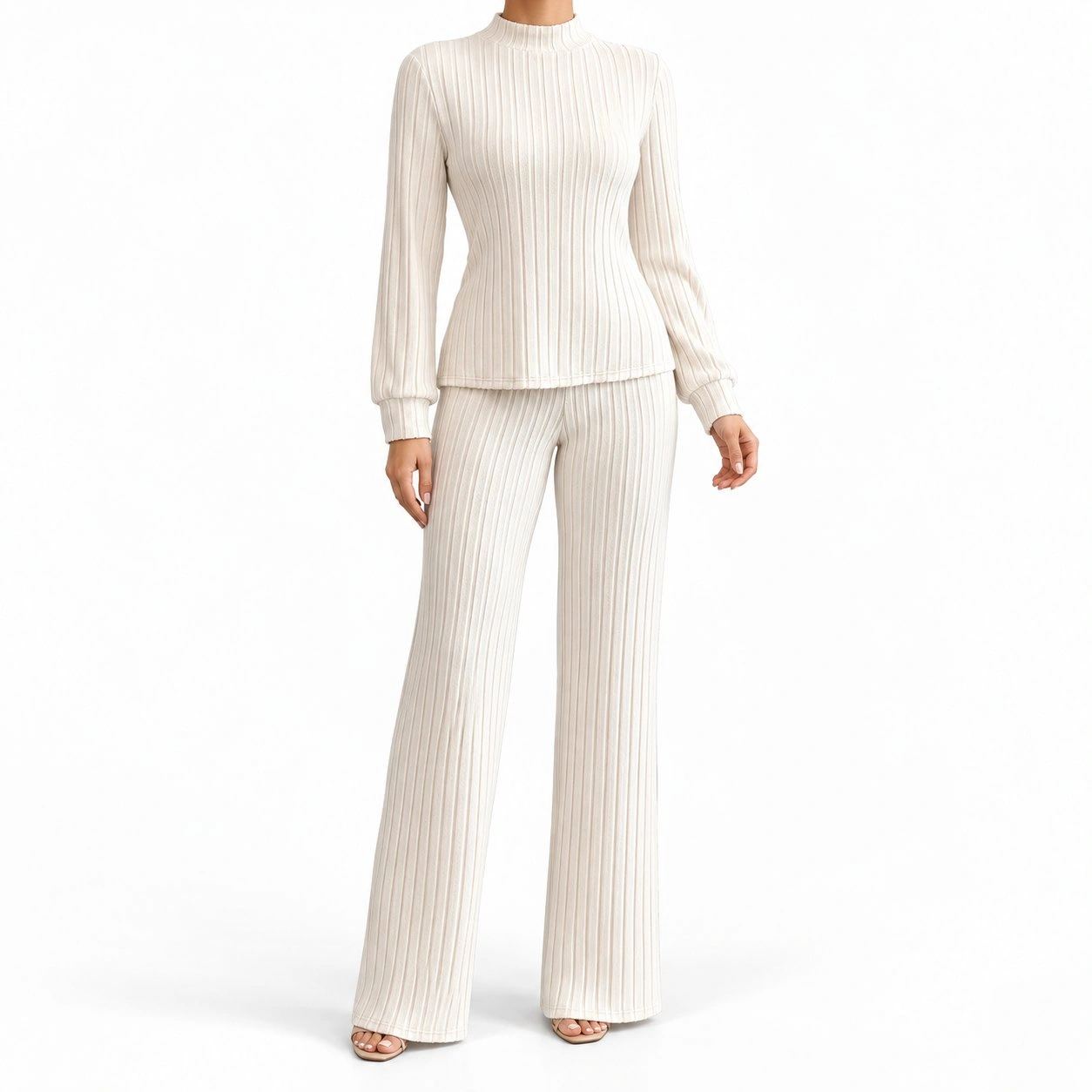 Ribbed Mock Neck Top & Wide-Leg Pants Set 1