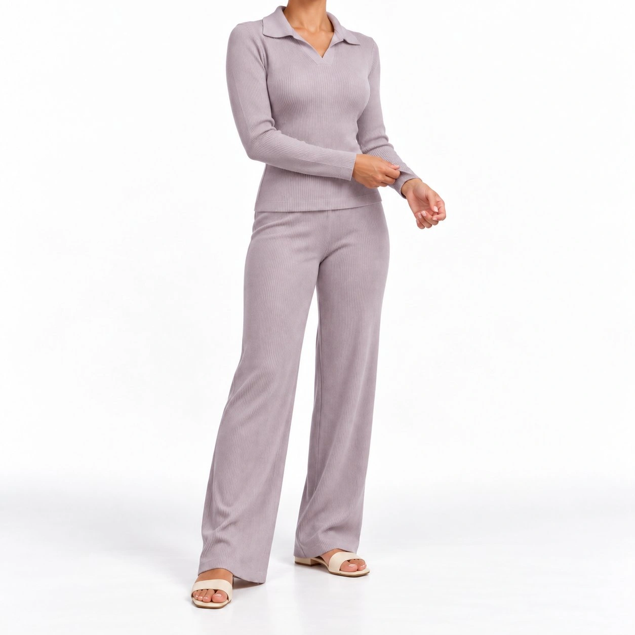 Ribbed Collared Top & Wide-Leg Pants Set 4