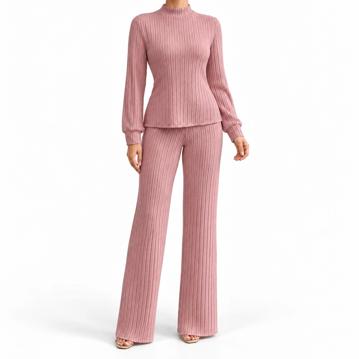 Ribbed Mock Neck Top & Wide-Leg Pants Set 3
